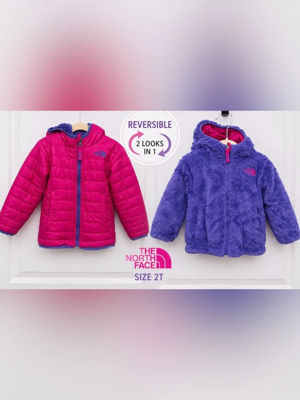 The North Face Reversible Hooded Jacket Girls Size 2T Pink Purple Fleece